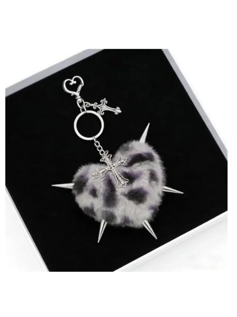 Gothic Punk Plush Heart Keychain with Cross Charm Lobster Clasp Faux Fur